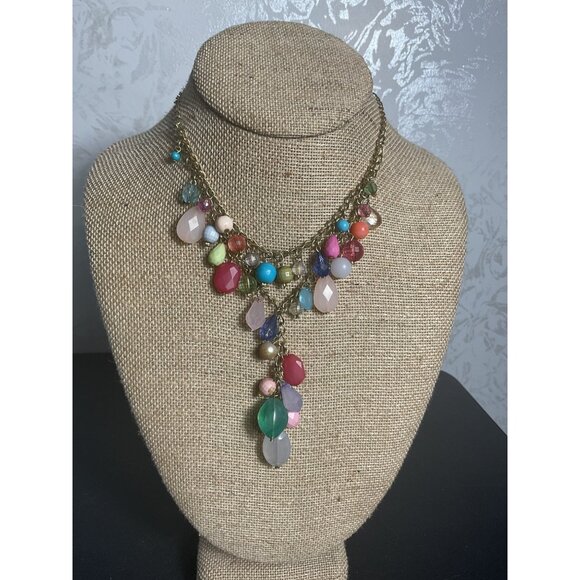 Colorful Beaded Necklace With Gold Chain & Charm Drops - Picture 1 of 4